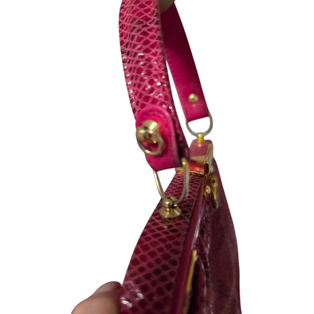 Vintage Style Magenta Faux Snakeskin Frame Handbag Gold Hardware Top Handle Bag